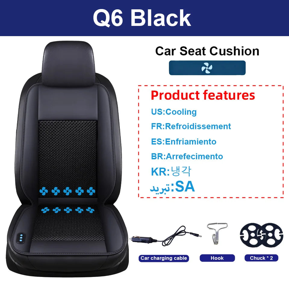 Black Q6 Car Seat Cushion with features for cooling, re-dissement, and massage.