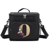Black insulated canvas lunch bag with a rose design and adjustable strap.