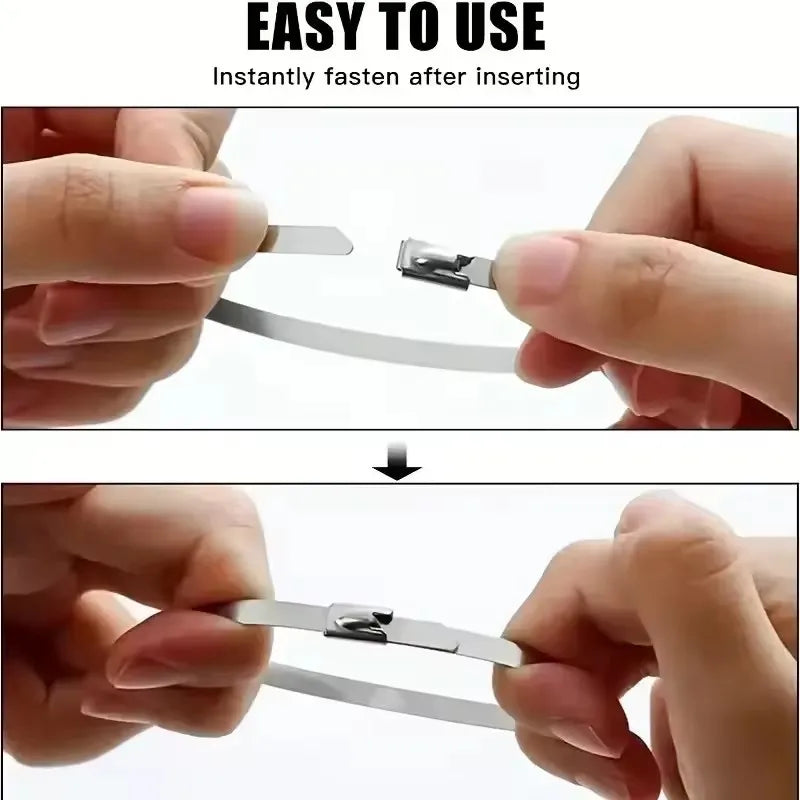 Hands demonstrate the easy to use self-locking stainless steel cable ties after inserting them.