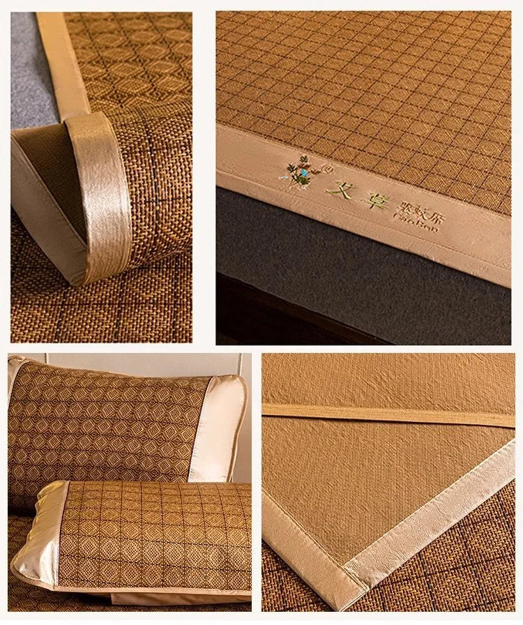 A folded double-sided cooling mat with a beige pillowcase and woven texture.
