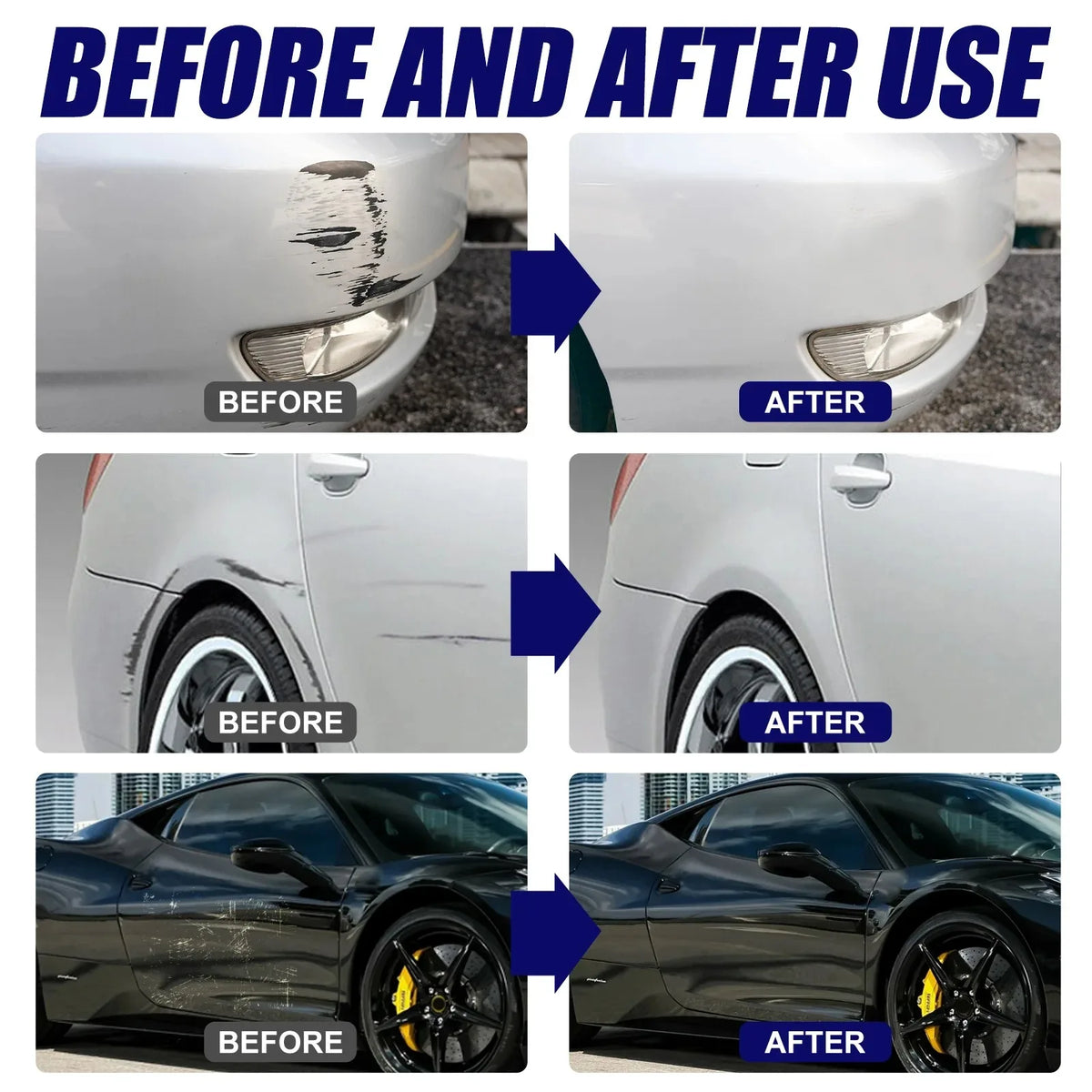 Before and after images showing car scratch removal and paint repair results.