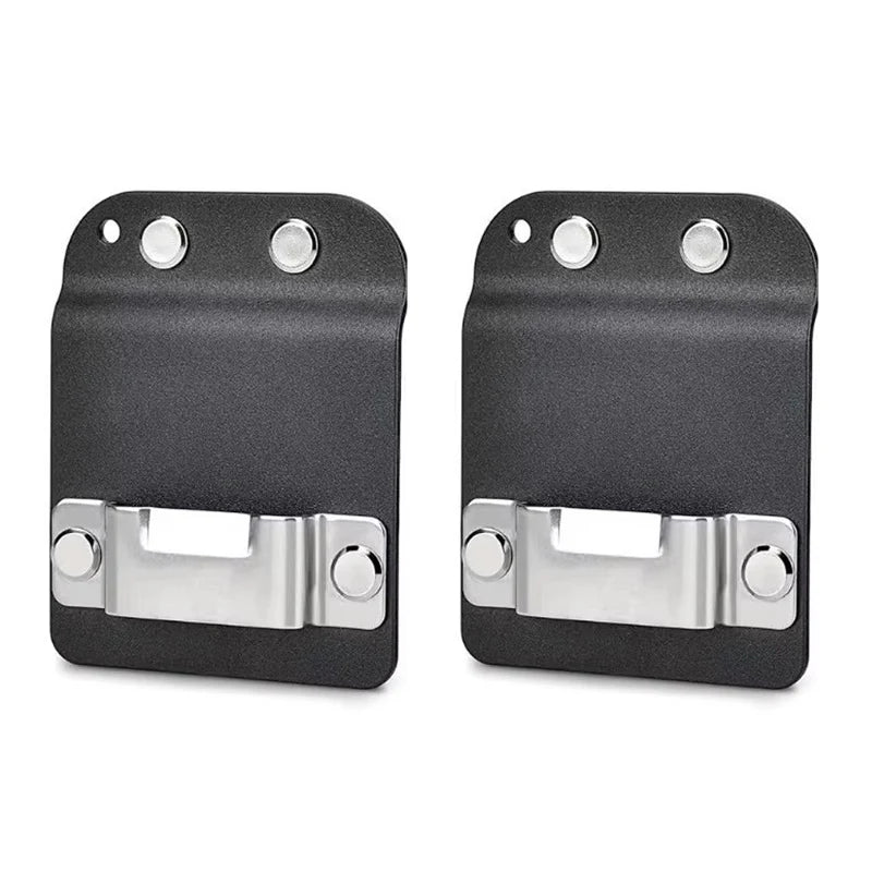 A black clip-on tool belt holster designed to secure drills and power tools.