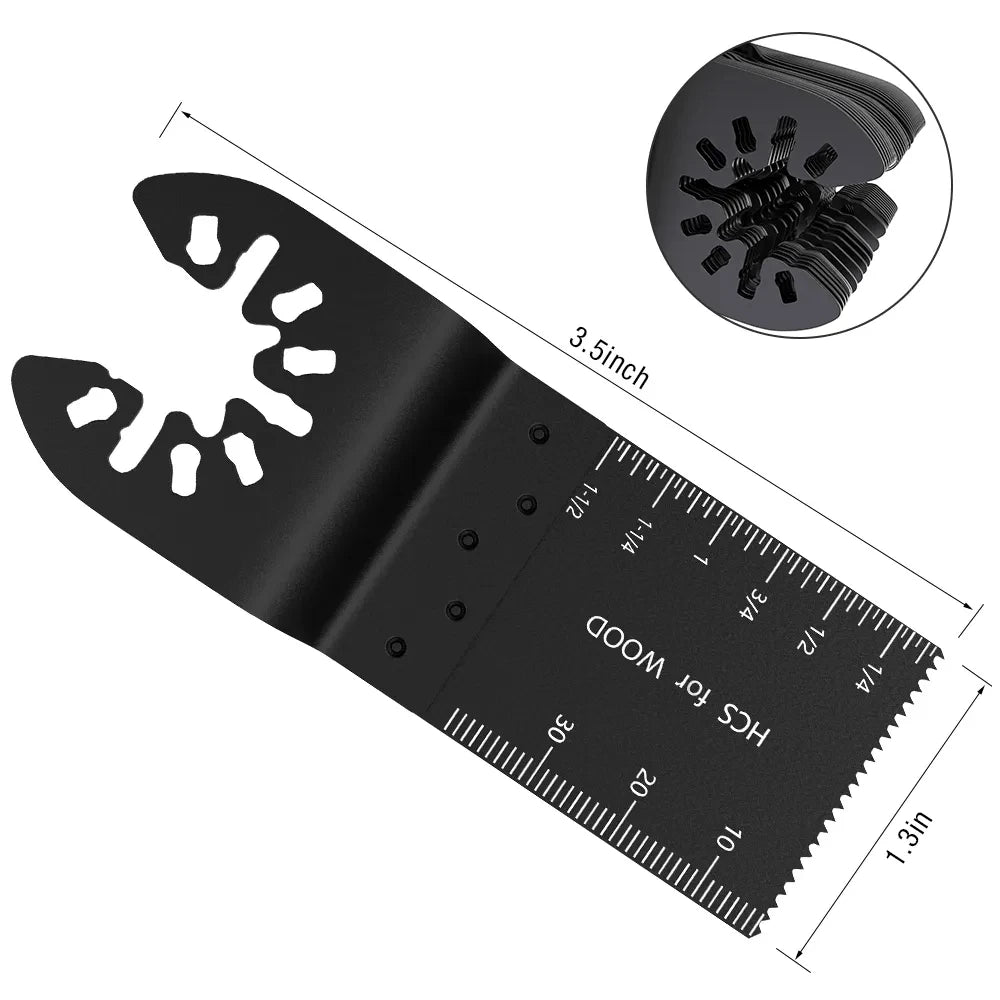 A black HCS for wood oscillating multi-tool blade set with a scale and an inset showing the blade teeth.