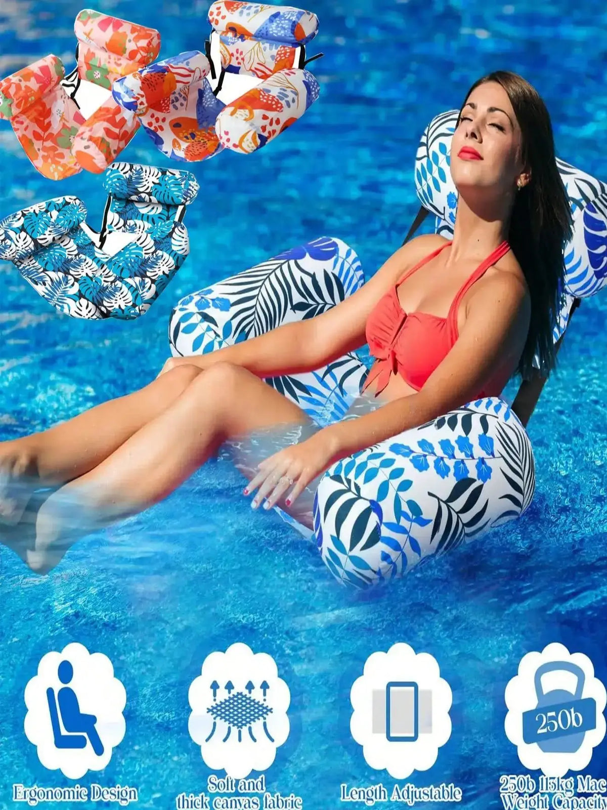 Inflatable Water Hammock with Armrests – Tropical Leaf Pool Lounger for Adults