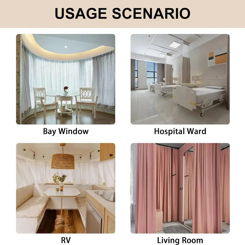 Usage scenarios showing the flexible bendable ceiling curtain track kit in a bay window, hospital ward, RV, and living room.
