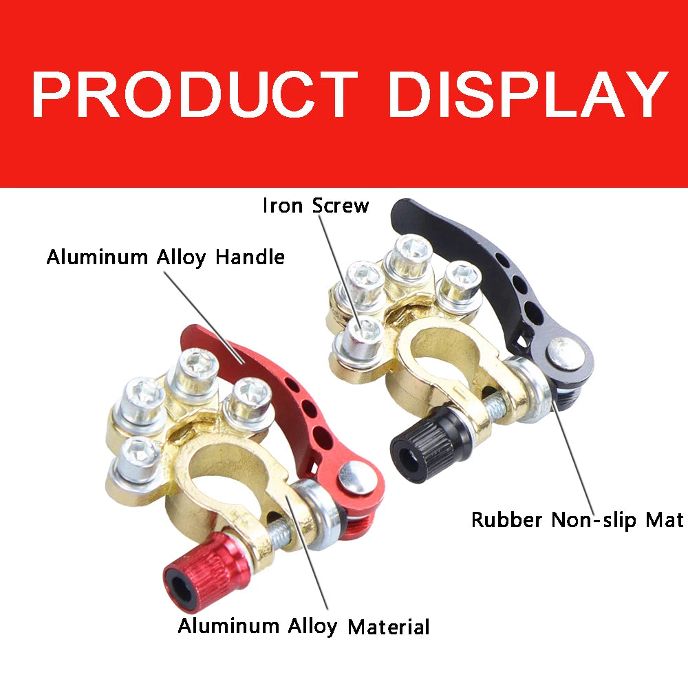 A display of two aluminum alloy battery terminal connectors, showing the iron screw and rubber non-slip mat.