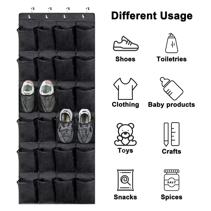 Black over-the-door mesh shoe organizer with multiple hanging pockets for shoes, toiletries, clothing, toys, crafts, snacks, 