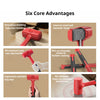 A set of red rubber mallets showing six core advantages including one-piece molding, internal steel ball hammer head, and erg