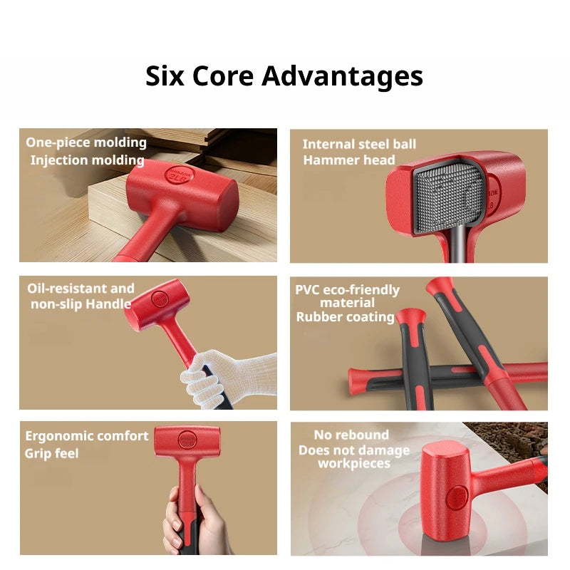 A set of red rubber mallets showing six core advantages including one-piece molding, internal steel ball hammer head, and erg