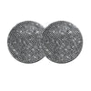 A set of two round, silver-toned diamond-encrusted non-slip coasters.