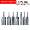 A set of 80 deepening sleeve bits in stainless steel, packaged in a 7 piece bag.