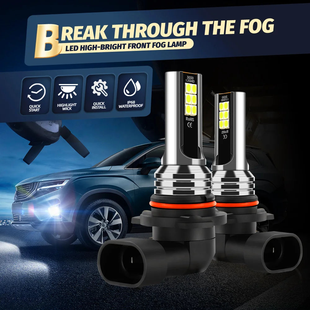 A pair of LED high-bright front fog lamps installed on a dark car, highlighting the powerful light beam.
