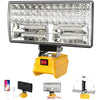 Cordless LED work light with USB charging ports shown in various angles and contexts.