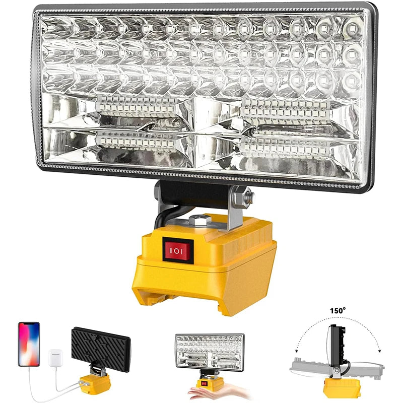 Cordless LED work light with USB charging ports shown in various angles and contexts.