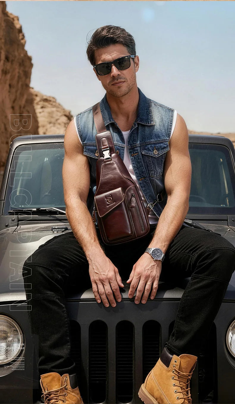 Men's Genuine Leather Sling Backpack with USB Charging Port