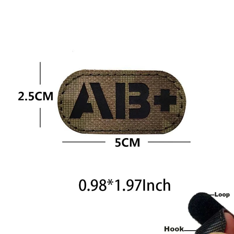 Tactical glow-in-the-dark blood type patch with hook and loop backing
