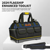 A black and blue reinforced tool kit bag with padded rubber handles and multiple storage compartments.