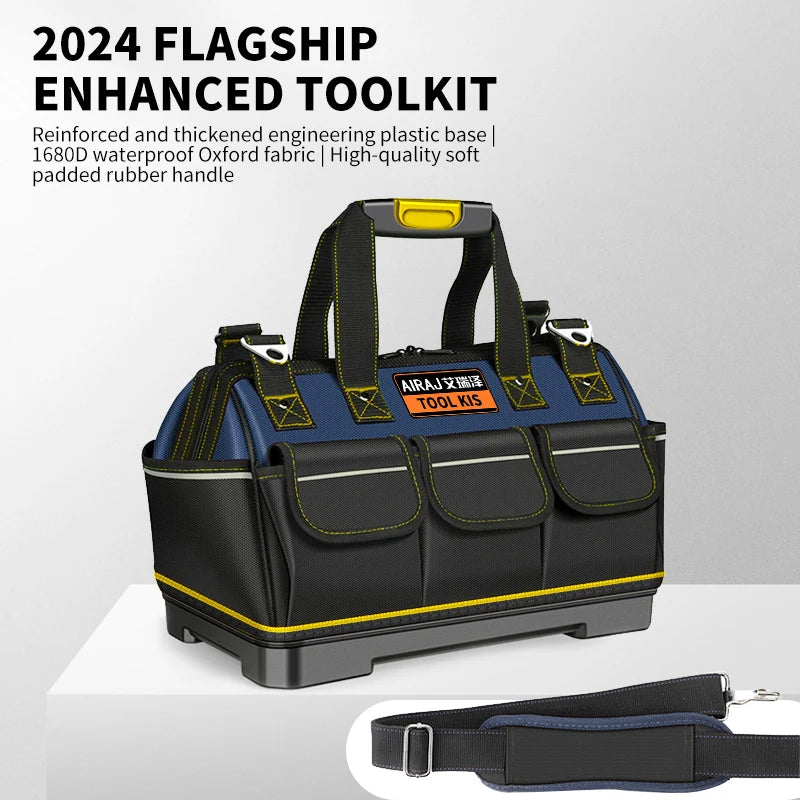 A black and blue reinforced tool kit bag with padded rubber handles and multiple storage compartments.