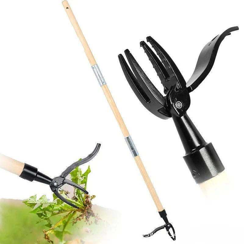 A pair of black weed pullers with long wooden handles shown next to some green plants.