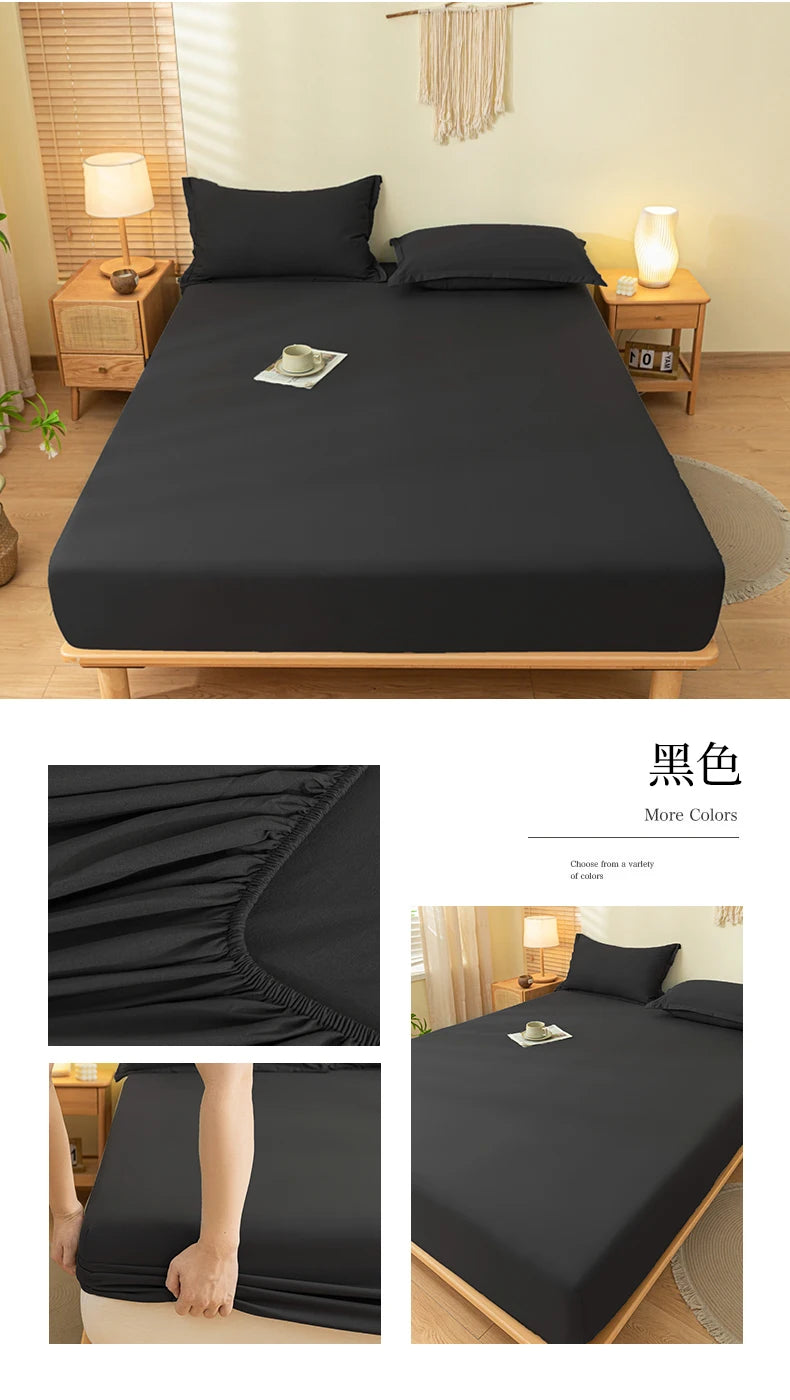 A black soft brushed fitted sheet displayed on a bed, showing close-ups of the fabric texture and elastic edge.