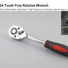 A silver 24 tooth fine ratchet wrench with a black handle is shown on a gray background.