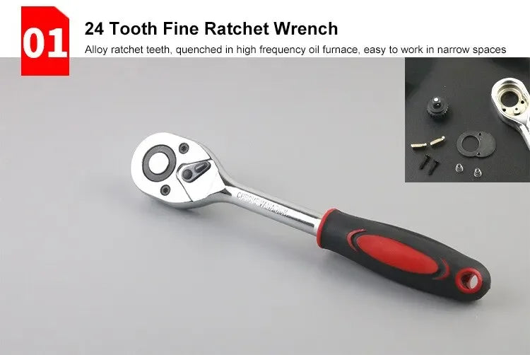 A silver 24 tooth fine ratchet wrench with a black handle is shown on a gray background.