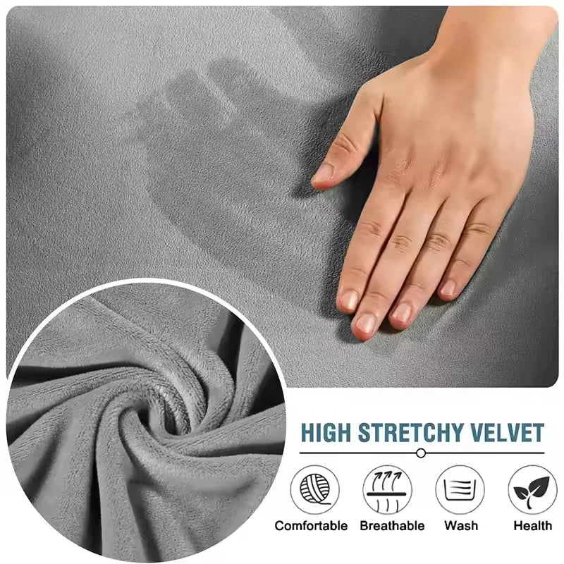 Close-up of a hand resting on a gray stretch velvet ottoman cover showing the fabric texture and comfort features.