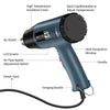 A dark blue digital heat gun with a back cap, air outlet, and LCD screen, shown with its power cord and hanging buckle.
