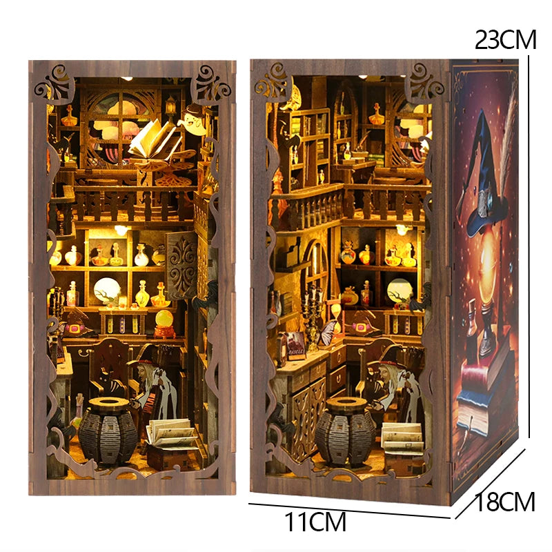 A wooden book nook kit featuring detailed miniature scenes with warm LED lighting.
