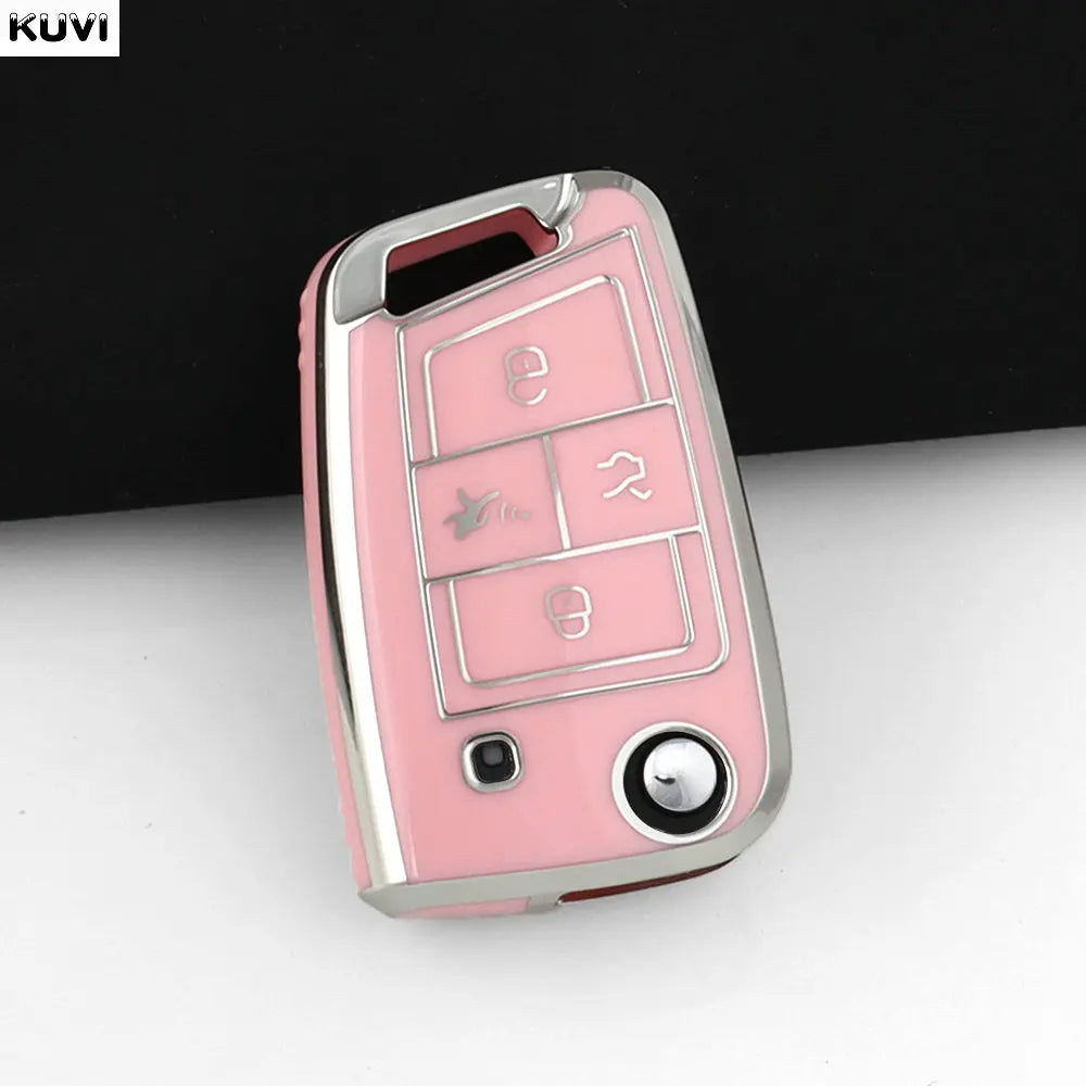 A pink TPU car key fob cover for VW, Skoda, Seat, and Audi vehicles.