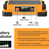 An orange portable solar and USB LED work floodlight with an ON/OFF switch, battery indicator, and USB output.