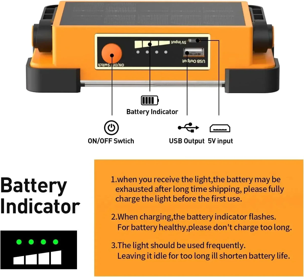 An orange portable solar and USB LED work floodlight with an ON/OFF switch, battery indicator, and USB output.