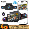 A set of four front and rear dash cameras with WiFi connectivity shown alongside a mobile phone display.