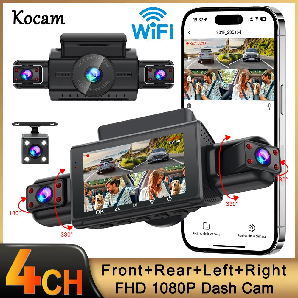 A set of four front and rear dash cameras with WiFi connectivity shown alongside a mobile phone display.
