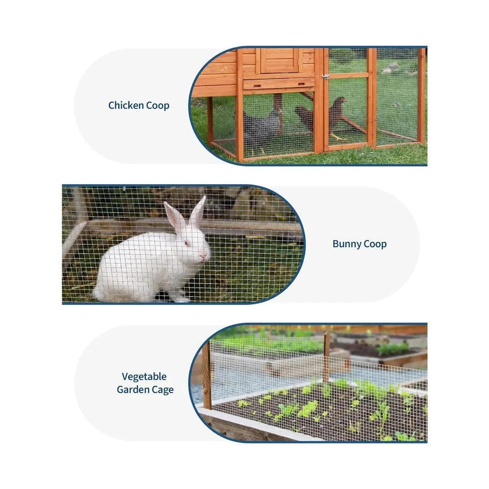 Images showing various galvanized steel wire mesh cages for chicken coop, bunny coop, and vegetable garden protection.