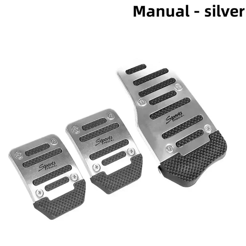 Silver aluminum pedal covers for manual cars with sports grip texture