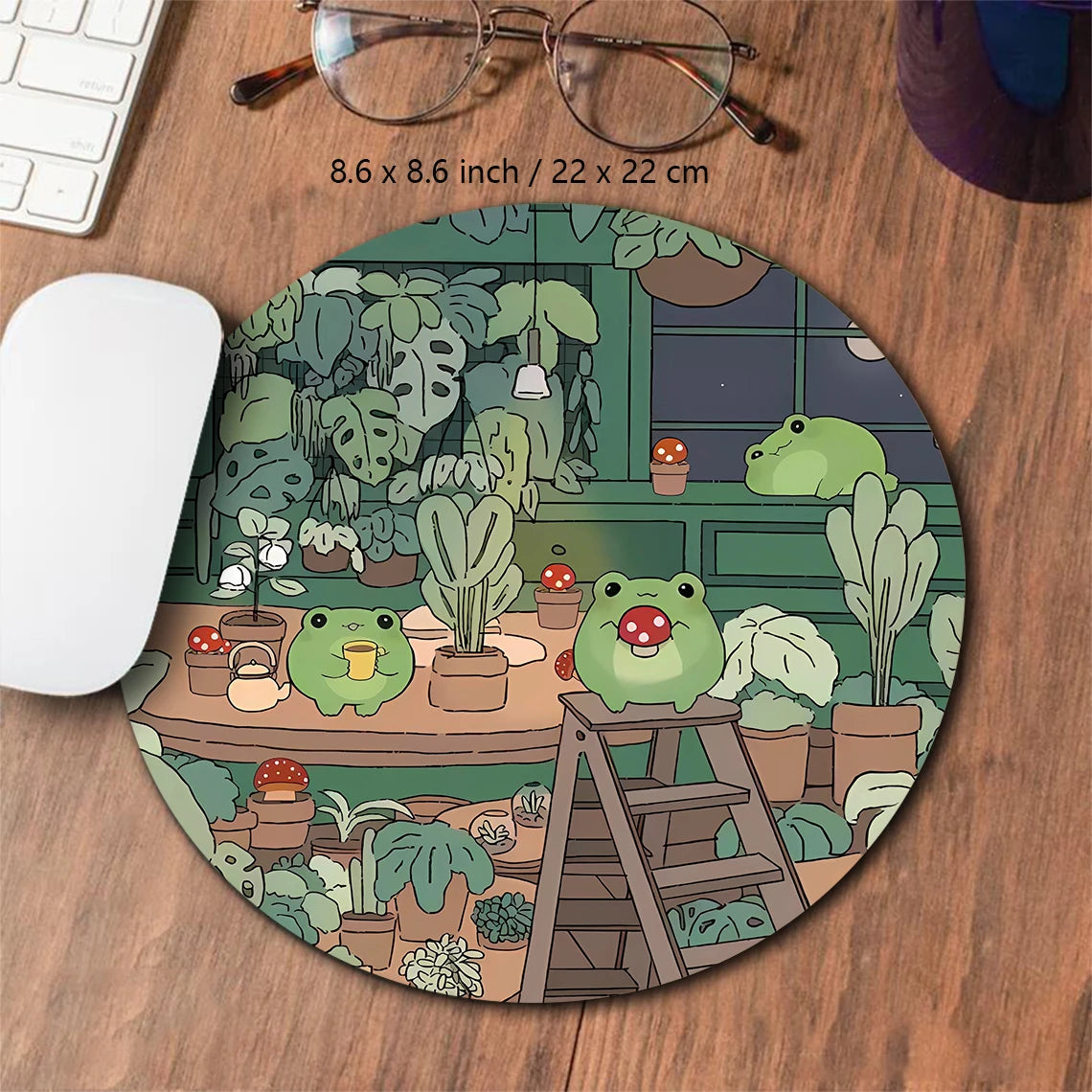A round desk mat featuring a kawaii nature design of various green frogs and potted plants.