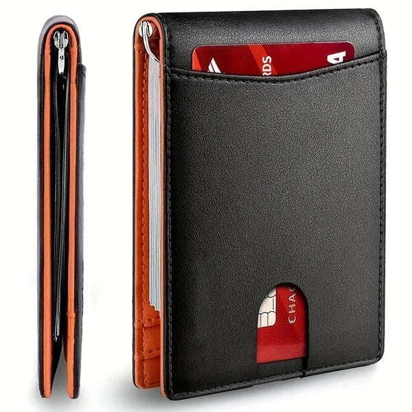 A black slim synthetic leather wallet for men shown in a closed and open view.