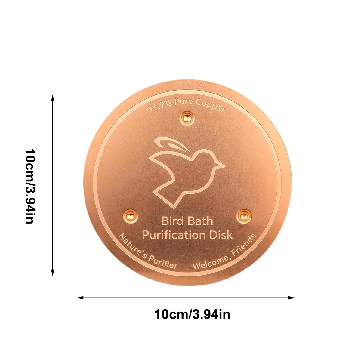 A round, copper purification disk for a bird bath, featuring an engraved bird design and triple-point support.