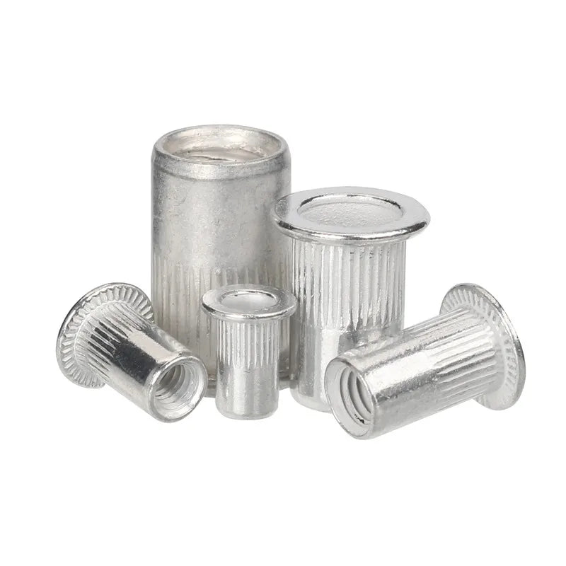 A multi-pack of aluminum flat head rivet nuts and corresponding pins.
