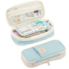 A light blue fabric pencil case with a clear window showing various pens and pencils.