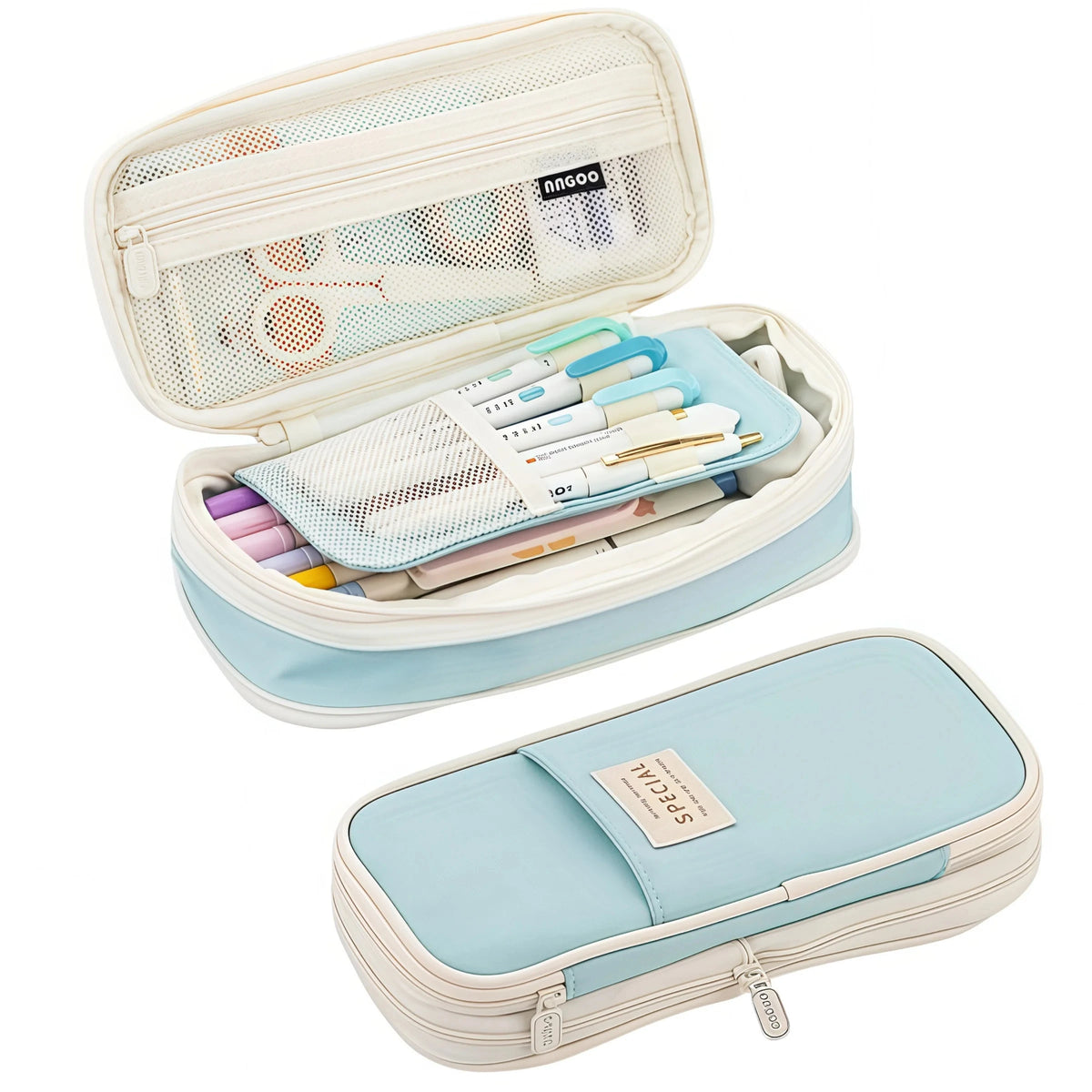 A light blue fabric pencil case with a clear window showing various pens and pencils.