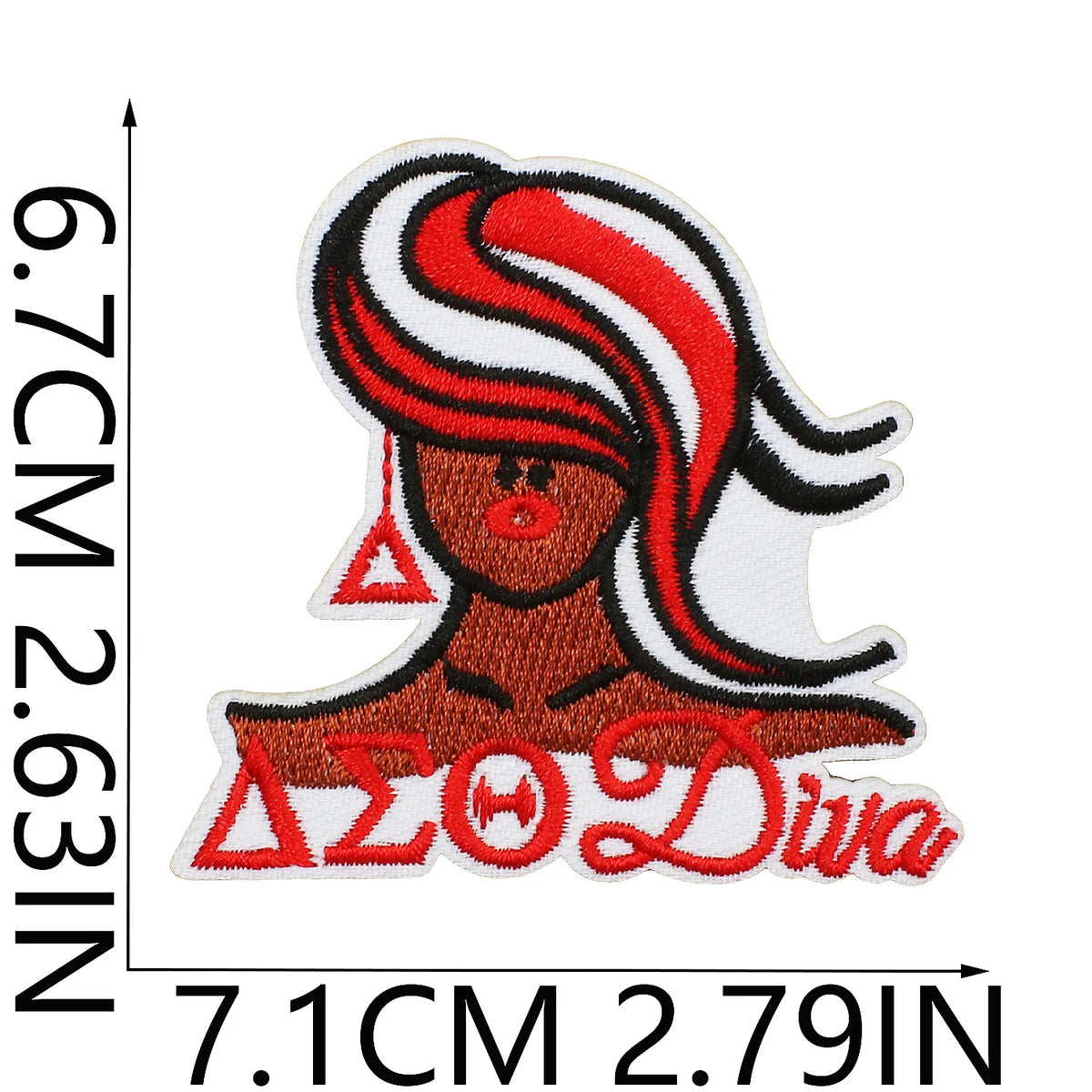 Embroidered patch featuring a woman's face with red and white hair and the text Delta Sigma Theta Diva