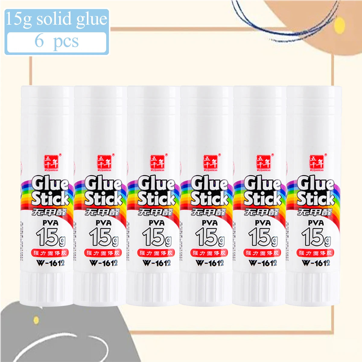 Six packs of 15g solid glue sticks in various colors and sizes for crafts and office use