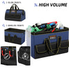 A blue heavy-duty tool bag with velcro pockets and oversized storage for various tools.