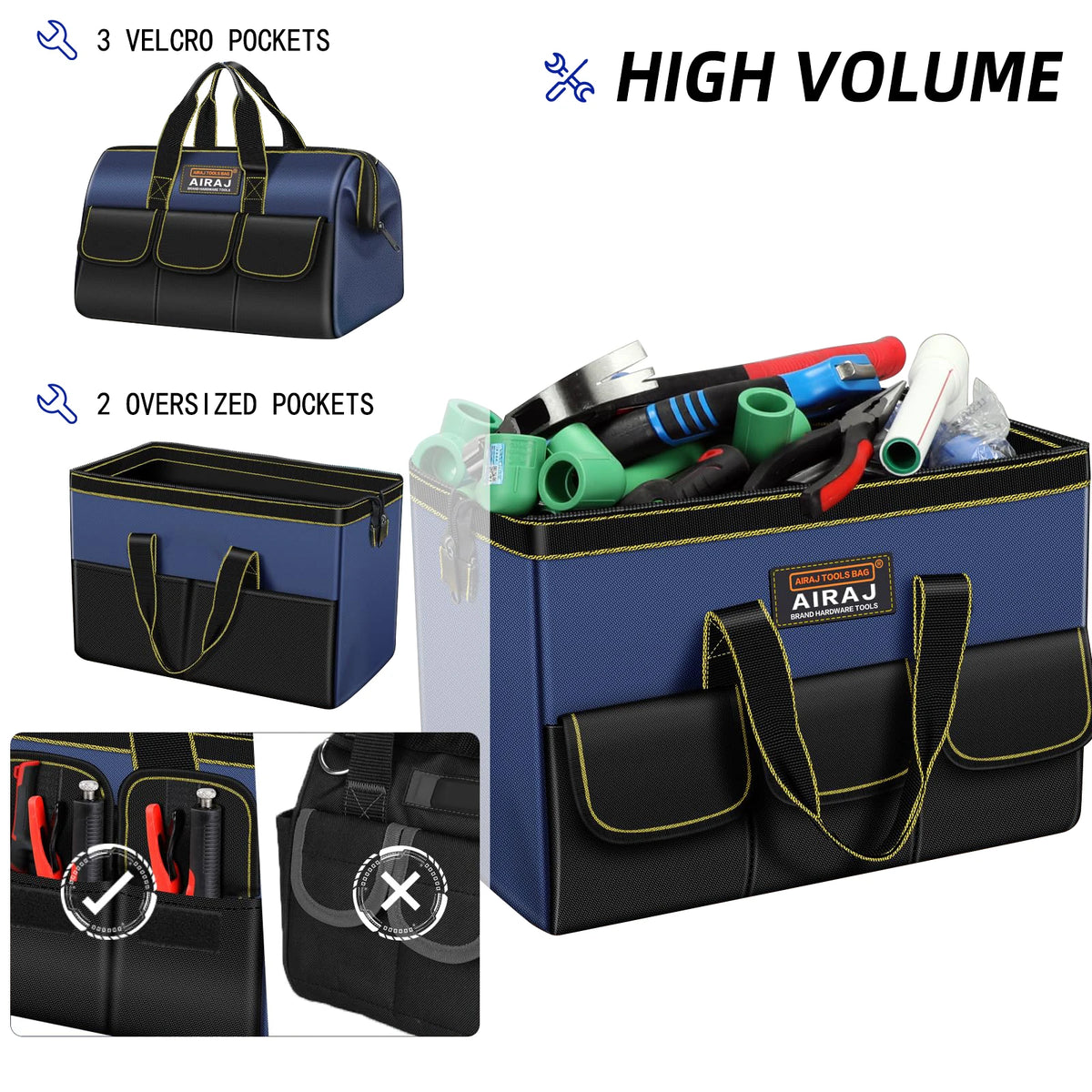 A blue heavy-duty tool bag with velcro pockets and oversized storage for various tools.