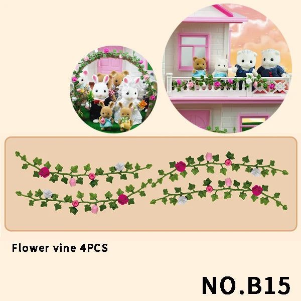 A set of four flower vines featuring pink, white, and green leaves for decoration.
