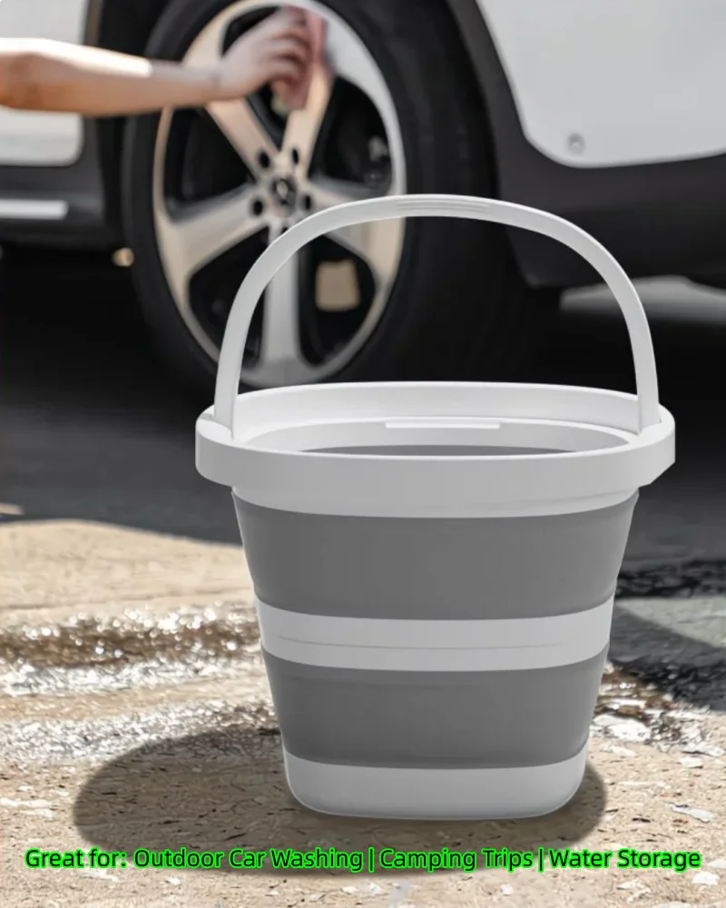 A white collapsible bucket sitting on a concrete surface with a car wheel in the background.