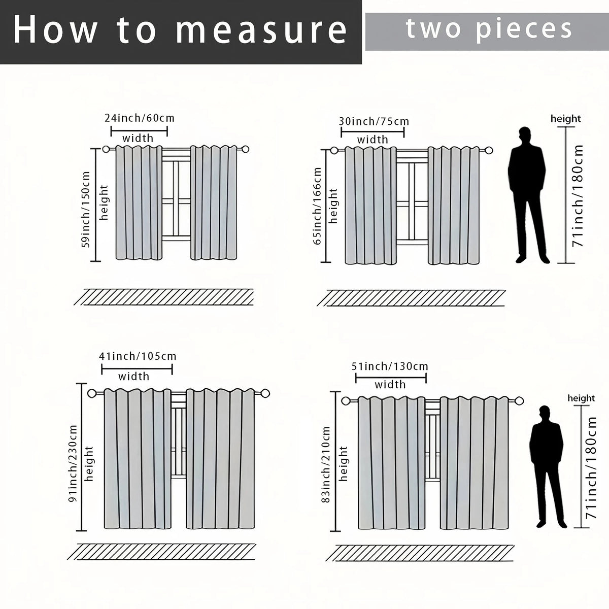 Diagrams showing how to measure two pieces of curtains for installation, including height and width measurements.