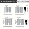 Diagrams showing how to measure two pieces of light-filtering curtains for height and width.